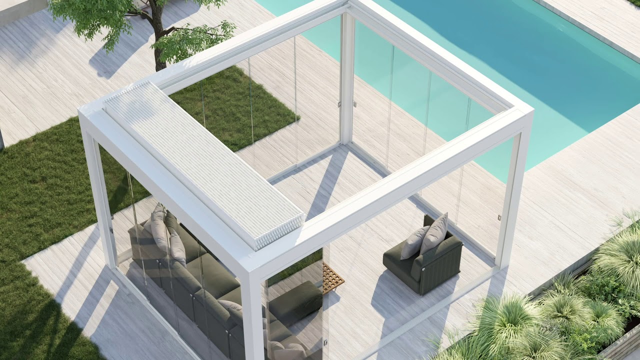 Retractable aluminum pergola - roof open/close view